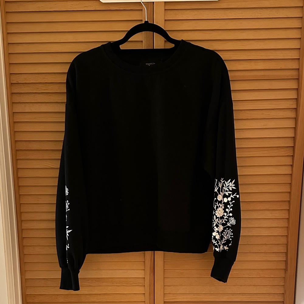 Forever 21 Black Sweater with White Floral embroidered Sleeves